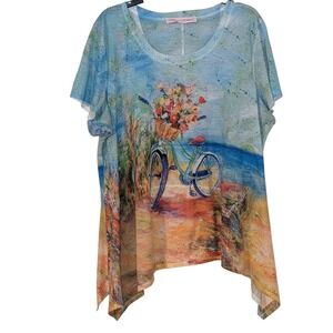 Leoma Lovegrove Beach Bicycle Floral Art Print Sharkbite Top Blue XXL